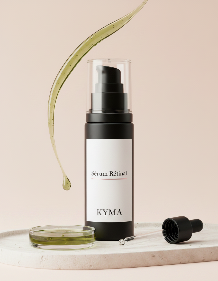 benefices: flacon KYMA avec coupelle de sérum vert et pipette sur plateau