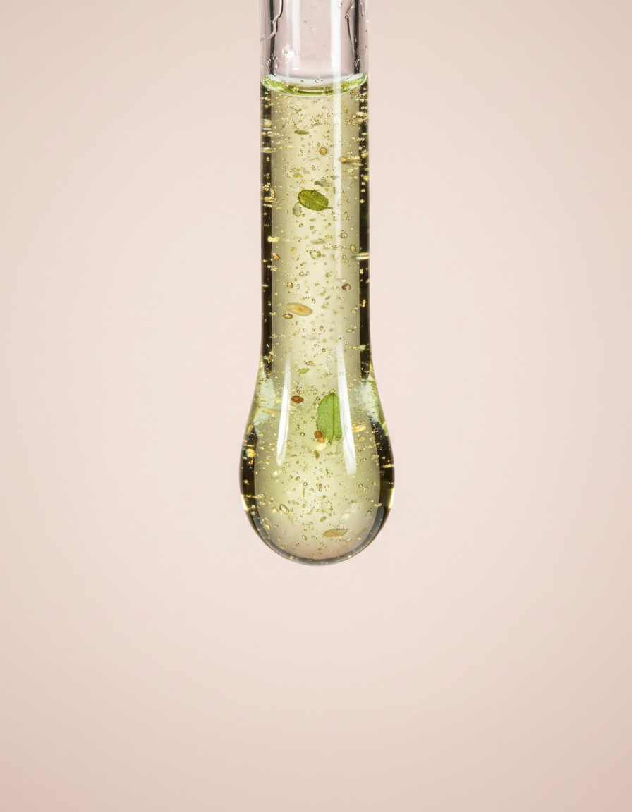 texture: macro goutte de sérum vert-doré au bout d'une pipette