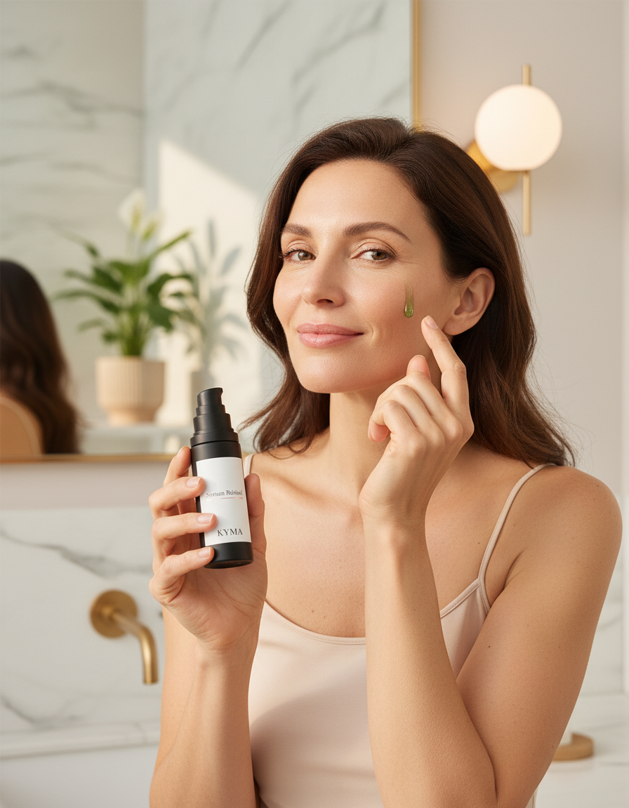 on-model: femme applique le Sérum Rétinal KYMA en salle de bain lumineuse