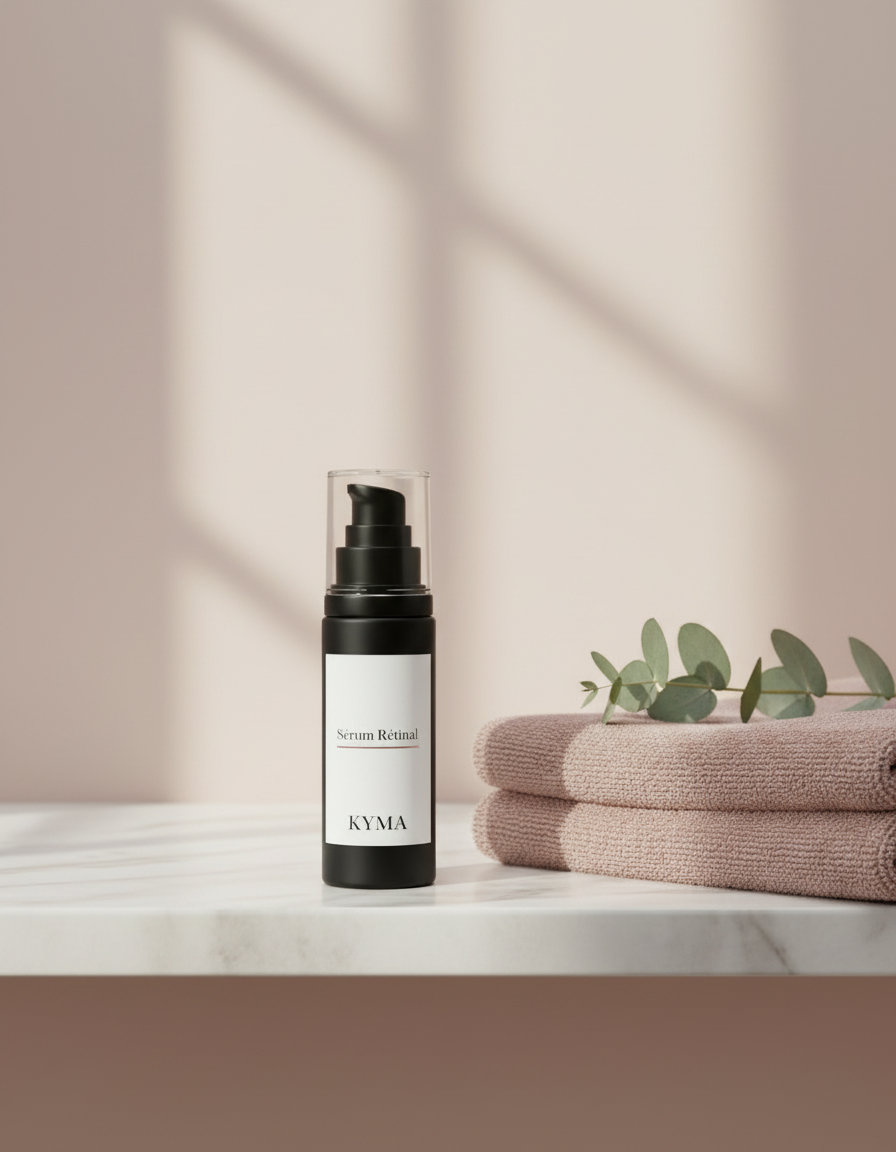 lifestyle: flacon Sérum Rétinal KYMA sur marbre avec serviettes et eucalyptus