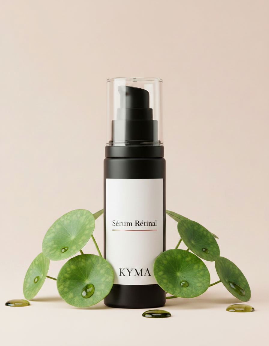 ingredients: flacon KYMA entouré de feuilles de Centella Asiatica et gouttes