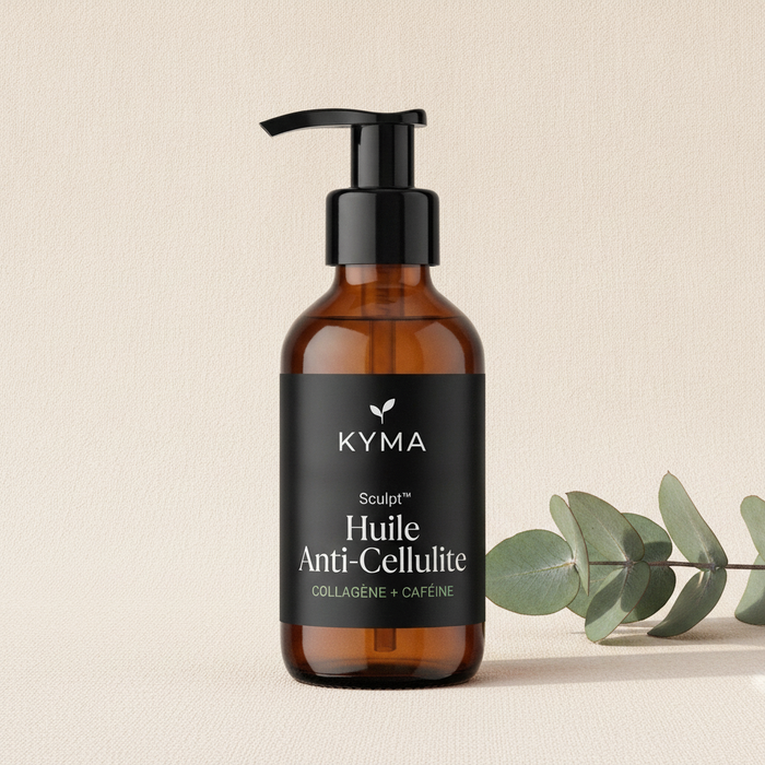 coloris: flacon KYMA sur lin creme avec eucalyptus, packaging premium