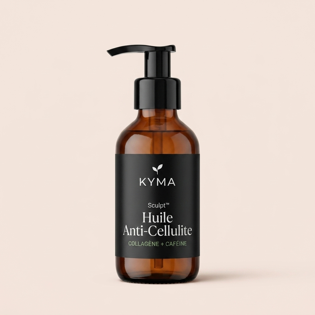 hero: flacon KYMA Sculpt Huile Anti-Cellulite, verre ambre pompe noire, fond creme