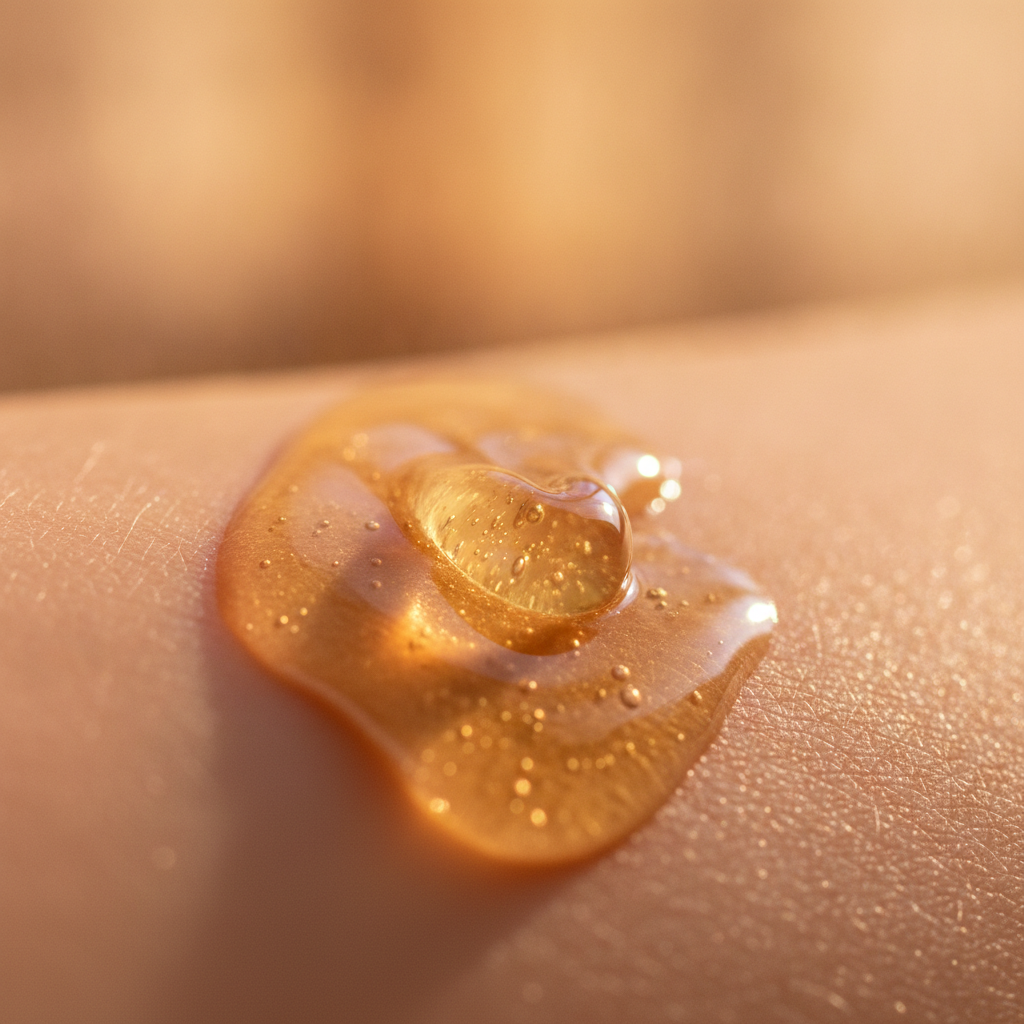texture: goutte d'huile ambree qui s'etale sur la peau, reflets dores