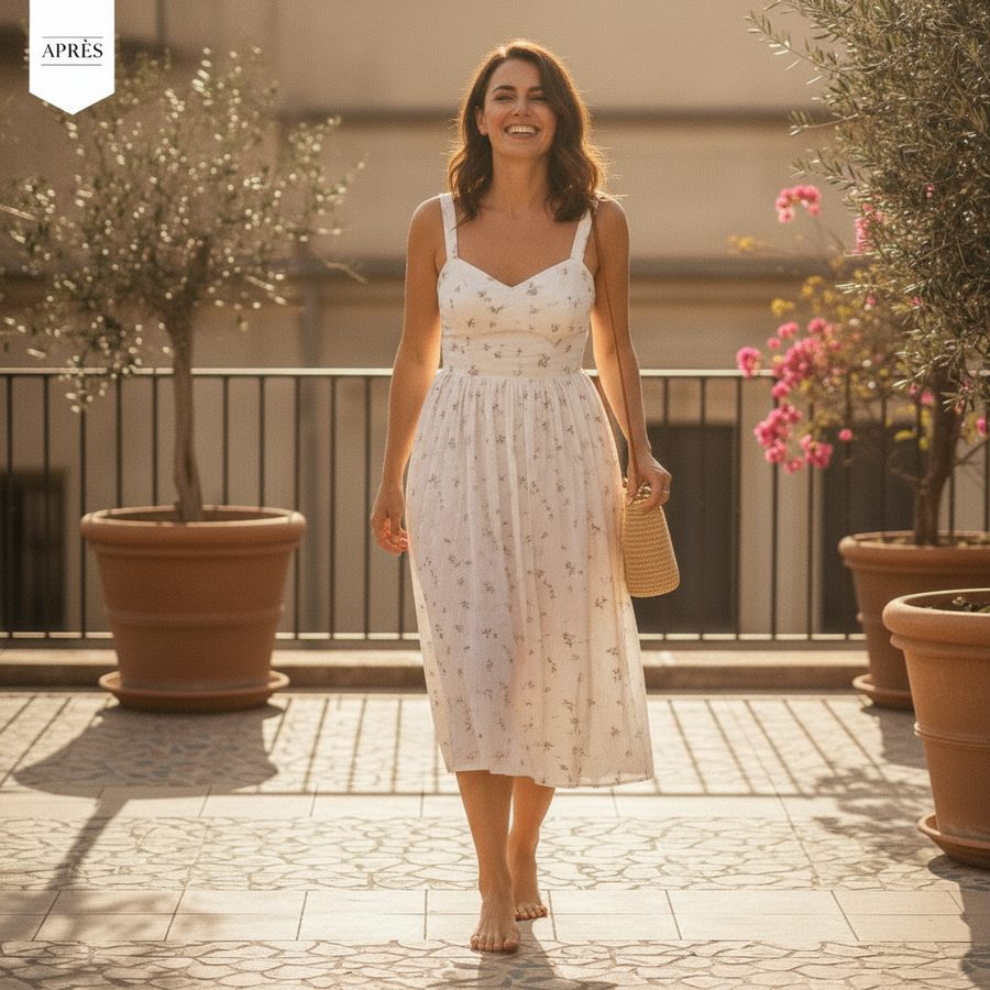 apres: femme marche sereine en robe d'été, short invisible dessous, sourire
