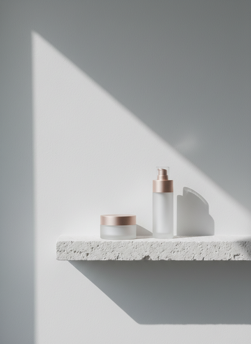 Ambiance de marque KYMA — blanc, pierre claire, lumière franche