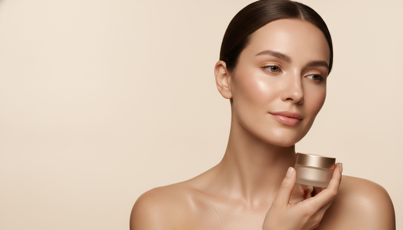 hero: femme glass skin tenant le soin KYMA, fond blanc chaud, espace texte a gauche